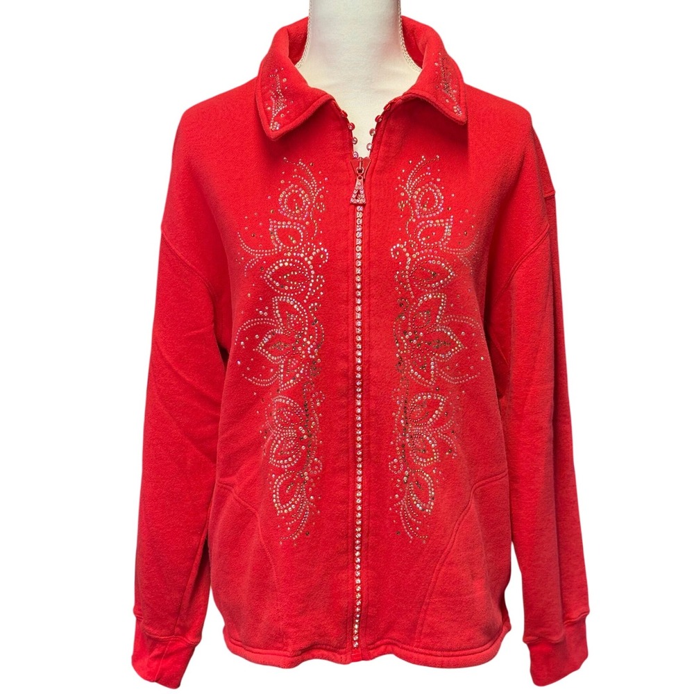 Get Lucky‎ USA Red Rhinestone Zip Jacket Womens S Bling Studded Sweatshirt